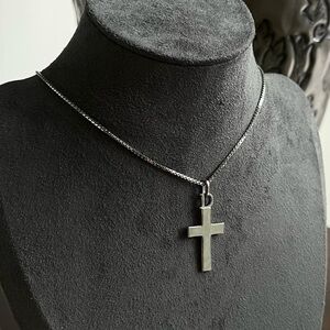 Vintage Christian Dior D Logo Monogram Cross Pendant Silver Tone Chain Necklace